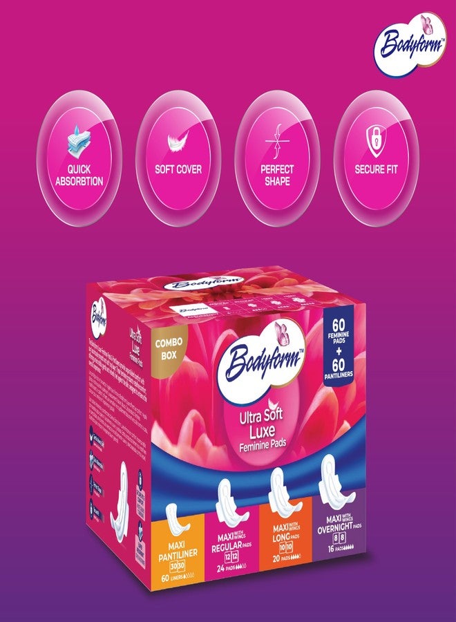 Bodyform Luxe Feminine Care Value Combo Pack, 120 Count (60 Ultra-Soft Pads + 60 Gentle Pantyliners), Variety Pack, Cushion-Soft & Ultra-Absorbent, Daily Freshness & Protection - Image 2